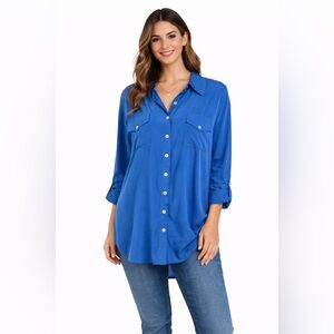 Soft Surroundings Silk Top 1X Blue 3/4 Sleeves Button Front Chest Pocket…